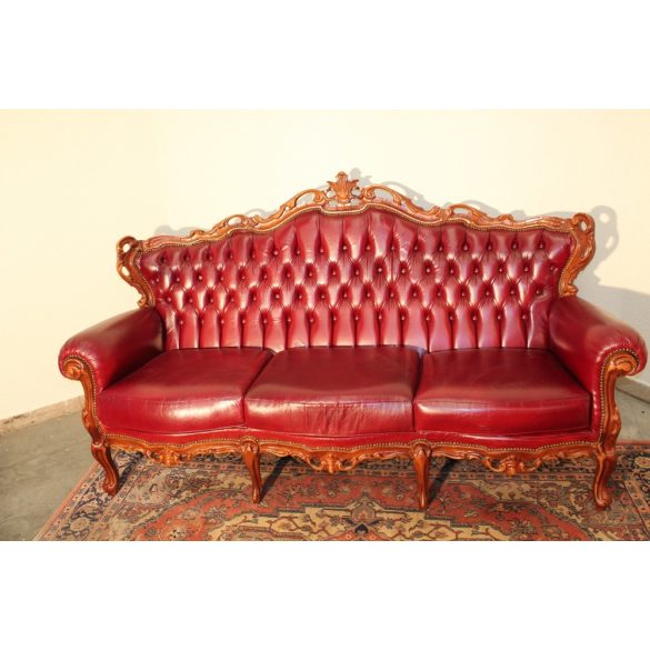 Antik, burgundi szinű, chesterfield barokk bőr kanapé