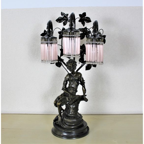 Gyönyörű antik üvegfüggős szobros lámpa