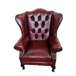 Chesterfield antik burgundi színű füles bőr fotel