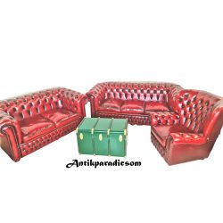   Gyönyörű chesterfield antik burgundi színű bőr ülőgarnitúra 3-2-1