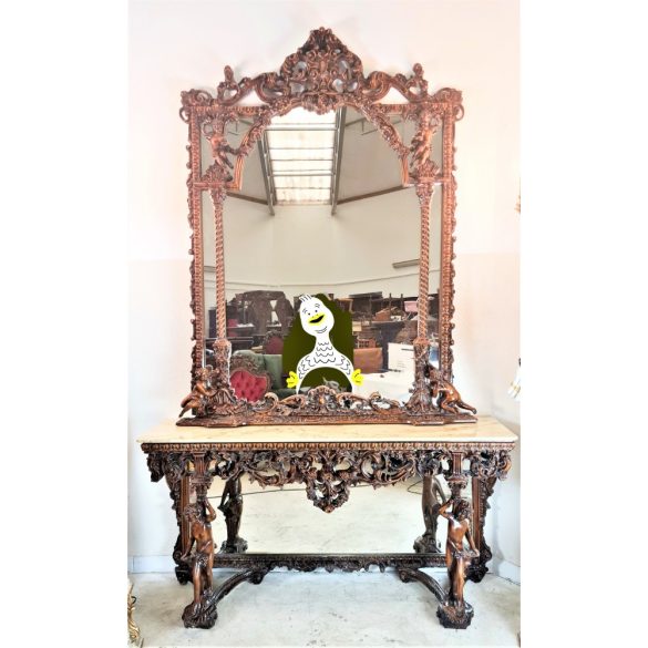 Gyönyörű barokk puttós konzolasztal tükörrel
