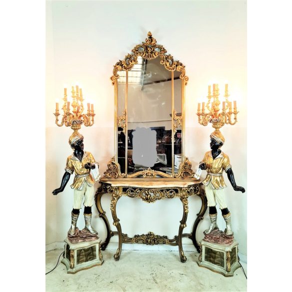 Gyönyörű Olasz aranyozott barokk márványlapos konzolasztal tükörrel
