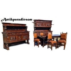   A503 Antik, frissen felújított,reneszánsz ,harci jelenetes faragású étkezőgarnitúra(1800 vége)