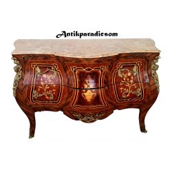   Gyönyörű XVI.Lajos stílusú márványlapos intarziás,rézveretes hasas komód