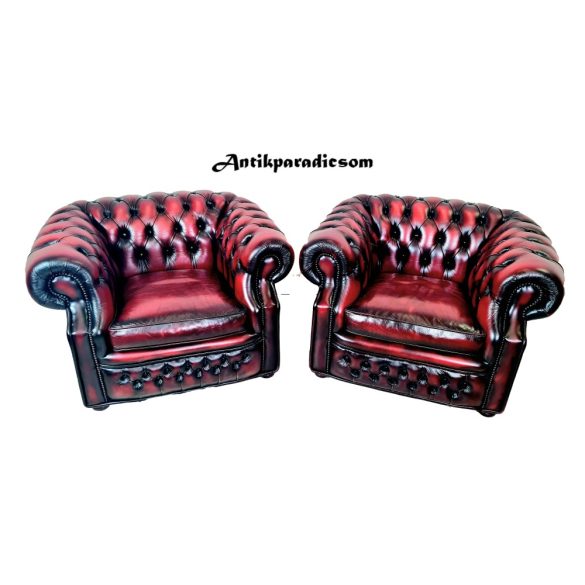 Antik burgundi színű chesterfield bőr fotelek párban