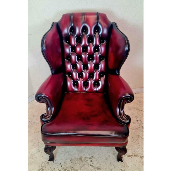 Antik Queen Anne chesterfield bőr füles fotel