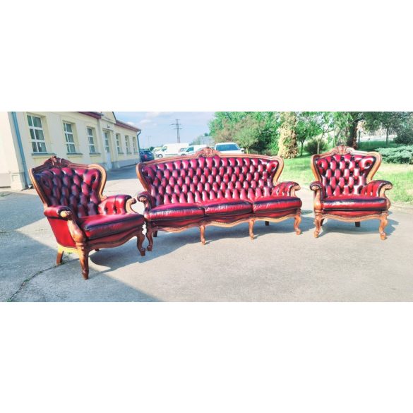 Antik burgundi színű barokk chesterfield bőr garnitúra