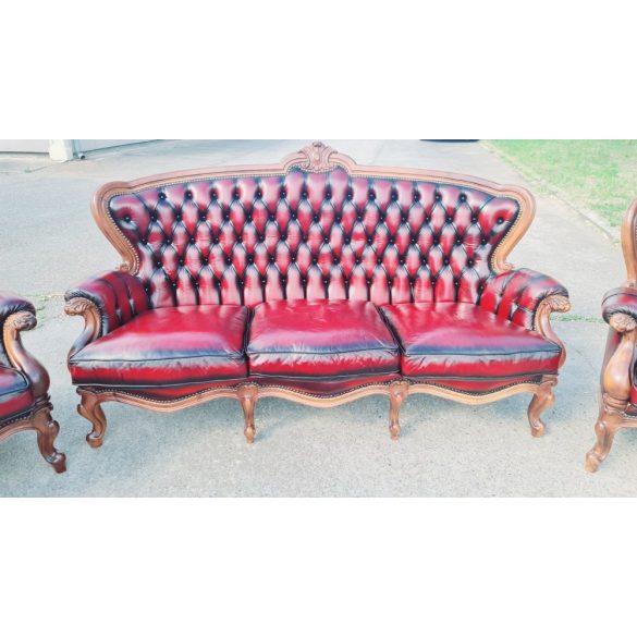 Antik burgundi színű barokk chesterfield bőr garnitúra