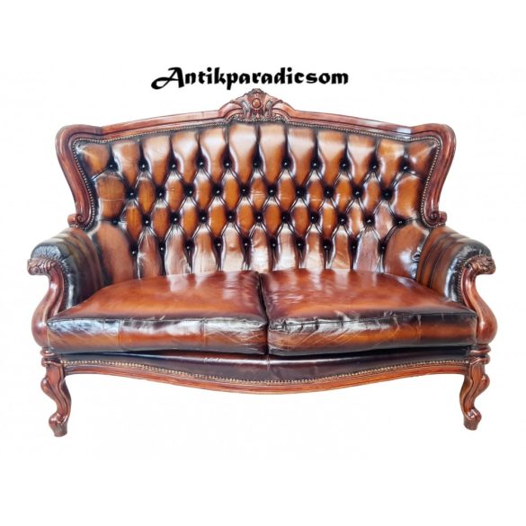 Antik konyak színű barokk chesterfield bőr kanapé