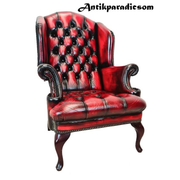 Gyönyörű eredeti chesterfield Queen Anne füles bőr fotel
