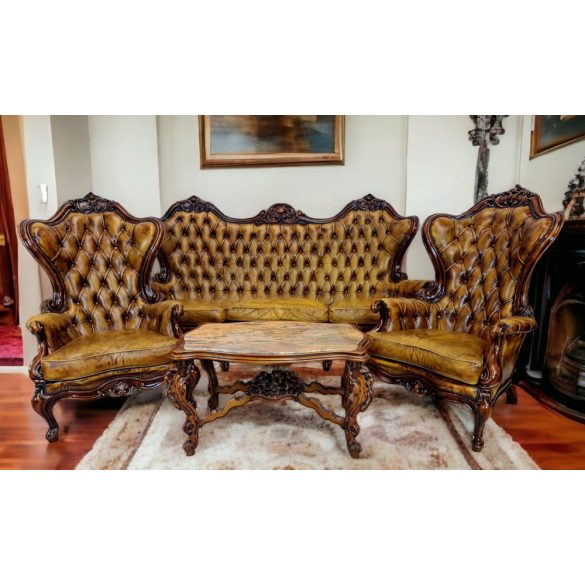 Antik barokk stílusú  faragott chesterfield bőr ülőgarnitúra