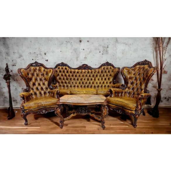 Antik barokk stílusú  faragott chesterfield bőr ülőgarnitúra