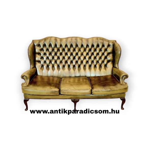 Gyönyörű eredeti Angol régi chesterfield Queen Anne füles bőr kanapé