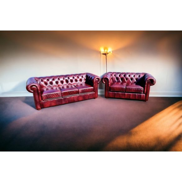 Eredeti antik burgundi színű Angol Chesterfield bőr ülőgarnitúra