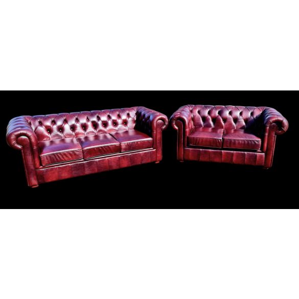 Eredeti antik burgundi színű Angol Chesterfield bőr ülőgarnitúra