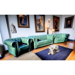 Exluzív chesterfield zöld bőr ülőgarnitúra 3-2-1