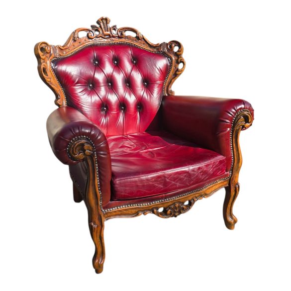 Chesterfield dúsan faragott antik burgundi színű neobarokk bőr fotel