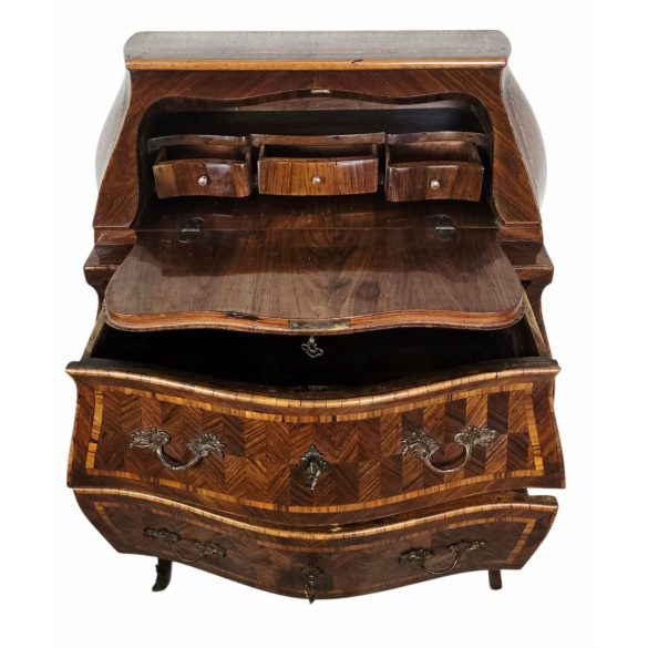 Gyönyö antik intarziás írókomód – bomba formájú secretary desk
