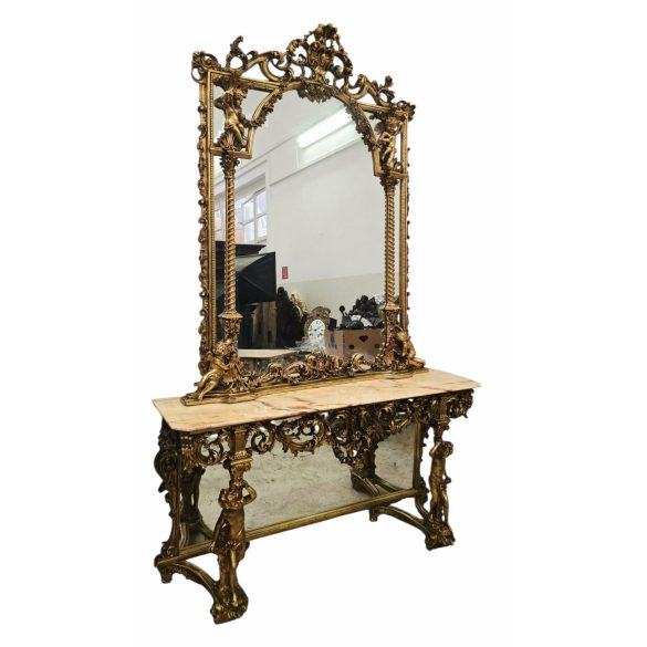 Különleges impozáns aranyozott puttós konzolasztal tükörrel
