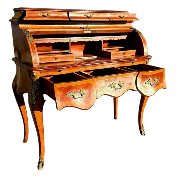 Gyönyörű antik intarziás cylinderes íróasztal - Louis XV stílus